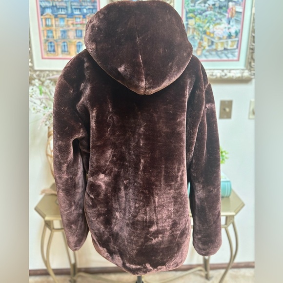 FHILLINUO BROWN PLUSH FUZZY FAUX FUR HOODED TEDDY BEAR JACKET COAT SZ L-XL NWT - Picture 8 of 11